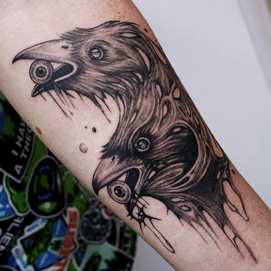 Medium Blackwork Two Crows with Eyes Tattoo on Men Arm by @kidatatt