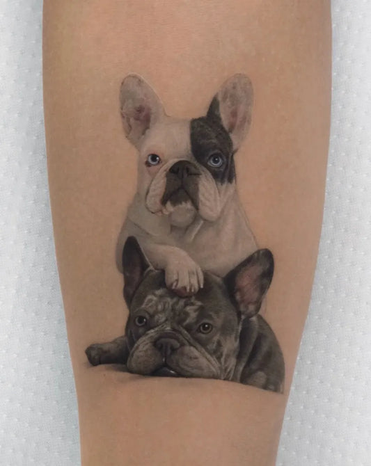 Medium Blackwork Two French Bulldogs Tattoo on Women Arm by @mustafaalakoc_