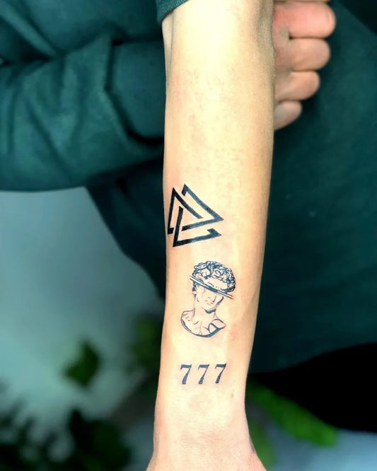 Medium Blackwork Valknut 777 Tattoo on Men Arm by @amirtatoo78