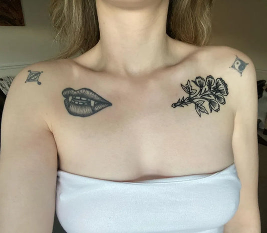 Medium Blackwork Vampire Lips and Rose Women Collarbone Tattoo on by @wornoncebefore