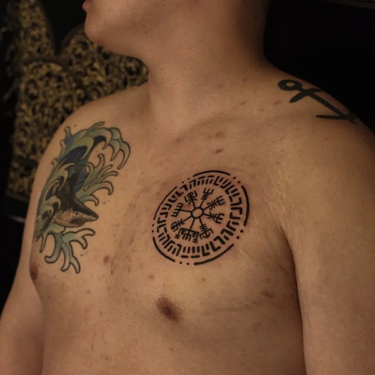 Medium Blackwork Vegvisir Ankh Tattoo on Men Chest by @mimi.tribe