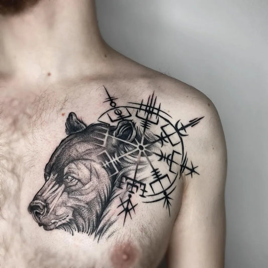 Medium Blackwork Vegvisir Bear Tattoo on Men Shoulder by @lumink_by_verarupf