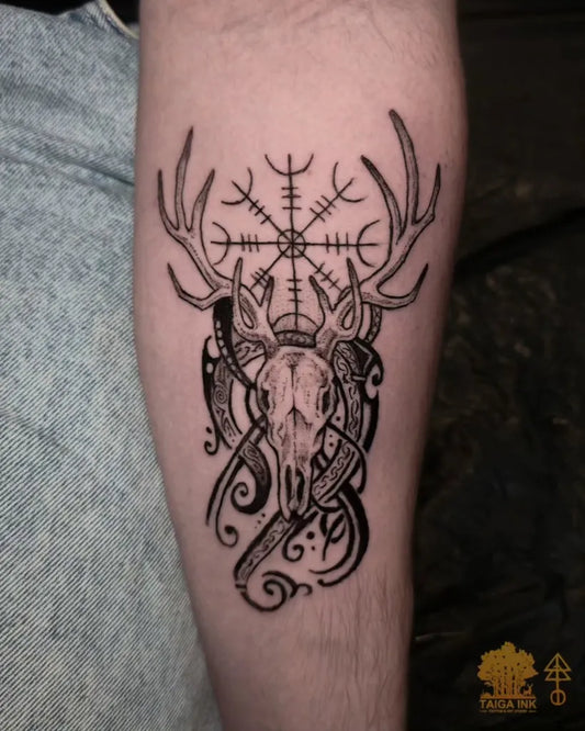Medium Blackwork Vegvisir Deer Skull Tattoo on Men Arm by @taigaink