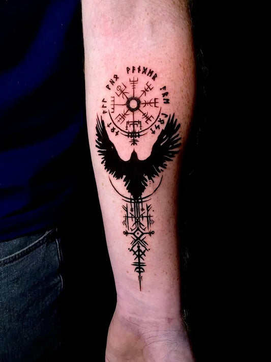 Medium Blackwork Vegvisir Raven Tattoo on Men Arm by @tattoo_muradoff