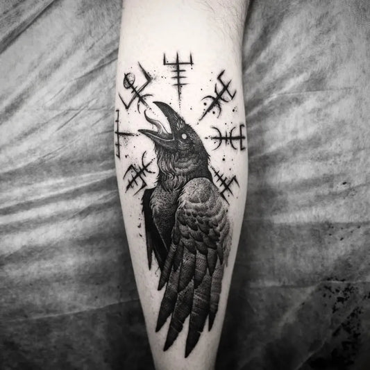 Medium Blackwork Vegvisir Raven Tattoo on Men Leg by @maciej_karsnicki_tattoo