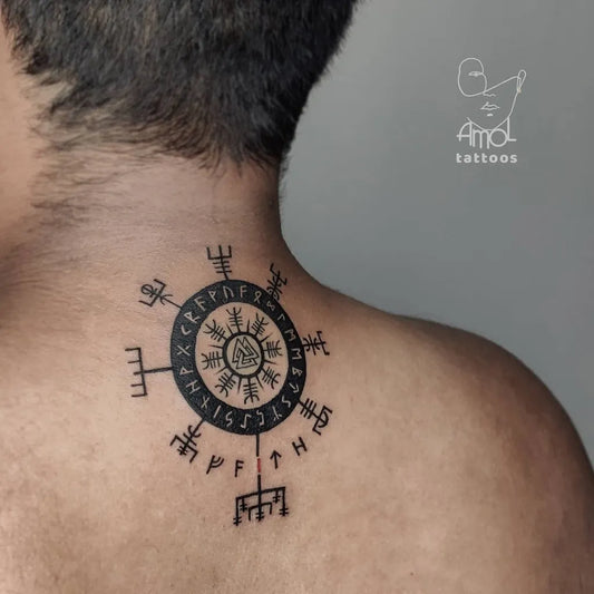 Medium Blackwork Vegvisir Rune Compass Tattoo on Men Neck by @amoltattoos26