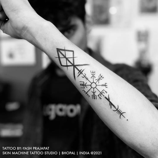 Medium Blackwork Vegvisir Rune Tattoo on Men Forearm by @skinmachinetattoo