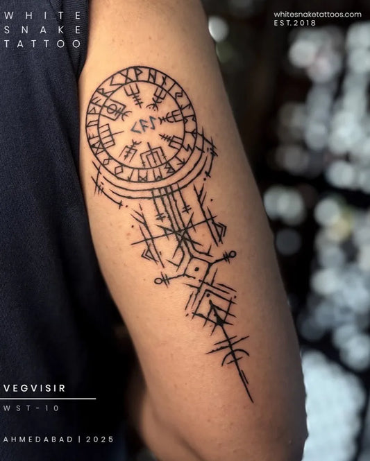 Medium Blackwork Vegvisir Runes Tattoo on Men Arm by @whitesnaketattoos