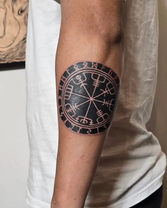 Medium Blackwork Vegvisir Tattoo on Men Arm by @lotus_tattoo_piercing