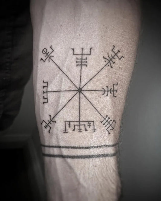 Medium Blackwork Vegvisir Tattoo on Men Arm by @svartsalt.stickandpoke