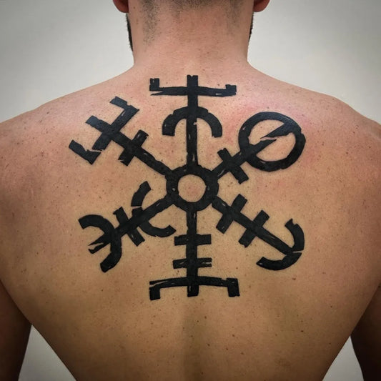 Medium Blackwork Vegvisir Tattoo on Men Back by @blackycrow.ink