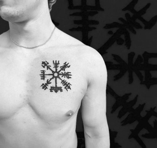 Medium Blackwork Vegvisir Tattoo on Men Chest by @louistherrien_tattoo