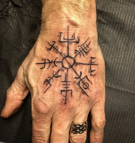 Medium Blackwork Vegvisir Tattoo on Men Hand by @terracotta_goth_tattoo