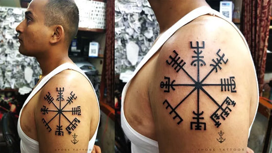 Medium Blackwork Vegvisir Tattoo on Men Shoulder by @xposetattoosjaipur