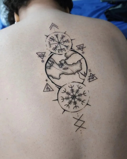 Medium Blackwork Vegvisir and Compass Tattoo on Men Back by @daniel.nabil_ink