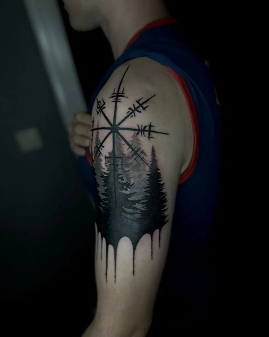 Medium Blackwork Vegvisir and Forest Drip Men Shoulder Tattoo on by @fluidpainttt
