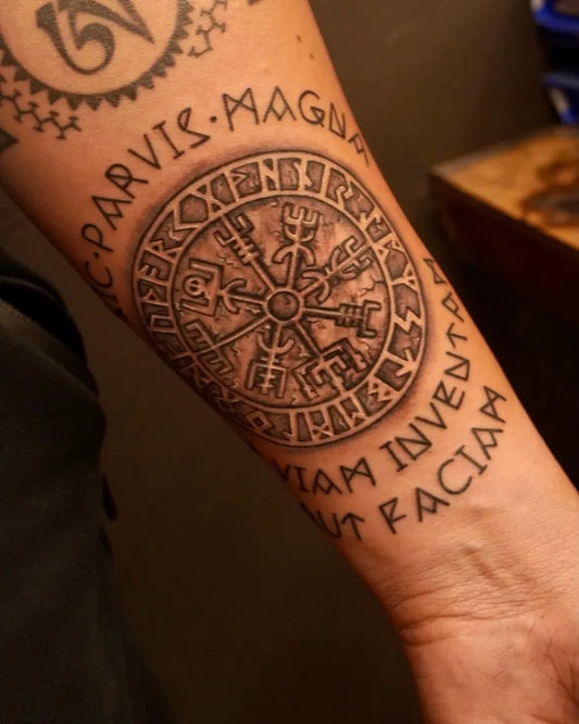 Medium Blackwork Vegvisir and Latin Inscription Tattoo on Men Forearm by @skinmachinetattoo