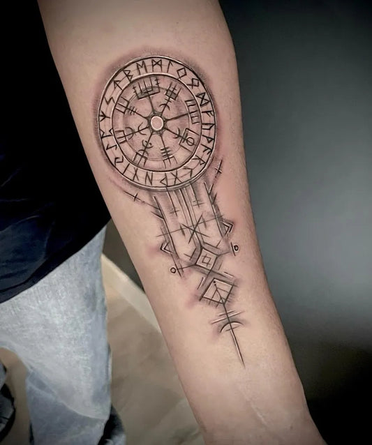 Medium Blackwork Vegvisir and Runes Tattoo on Men Arm by @alejandraestradatatuadora