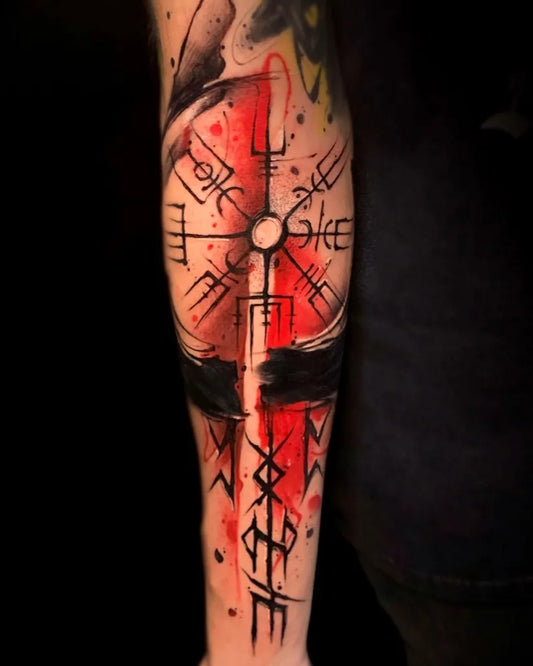 Medium Blackwork Vegvisir and Runes Tattoo on Men Arm by @saint_thomas_tattoo