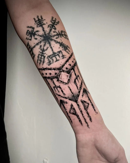 Medium Blackwork Vegvisir and Runes Tattoo on Men Arm by @void.vitriol