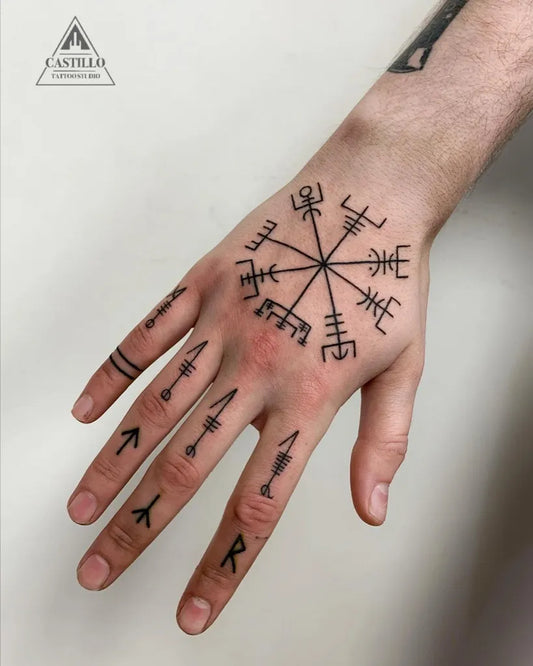 Medium Blackwork Vegvisir and Runes Tattoo on Men Hand by @petetecastillo