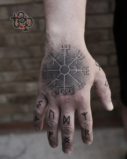 Medium Blackwork Vegvisir and Runes Tattoo on Men Hand by @ta2pawel