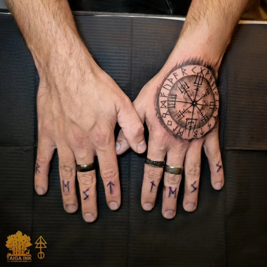 Medium Blackwork Vegvisir and Runes Tattoo on Men Hands by @taigaink