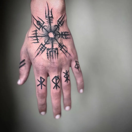Medium Blackwork Vegvisir and Runes Tattoo on Men Wrist by @alexandrartattoo