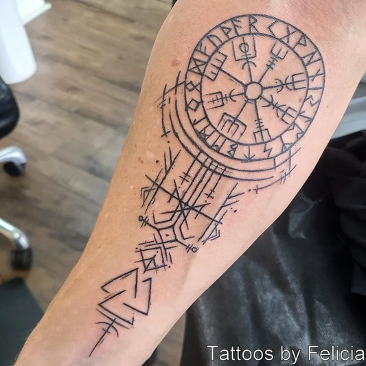 Medium Blackwork Vegvisir and Runes Tattoo on Women Arm by @tigerlotustattoo
