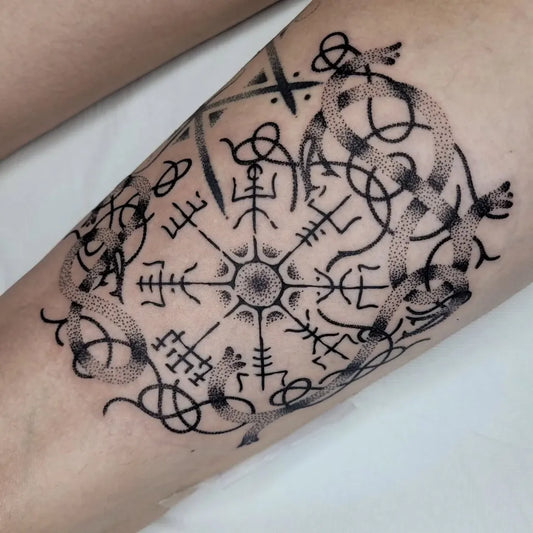 Medium Blackwork Vegvisir and Runes Tattoo on Women Thigh by @argundir_tattoo