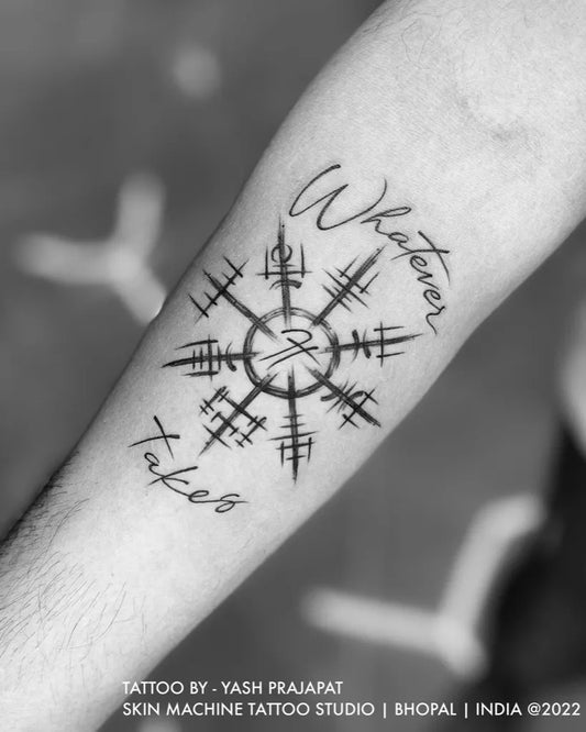 Medium Blackwork Vegvisir and Whatever Takes Tattoo on Men Arm by @skinmachinetattoo