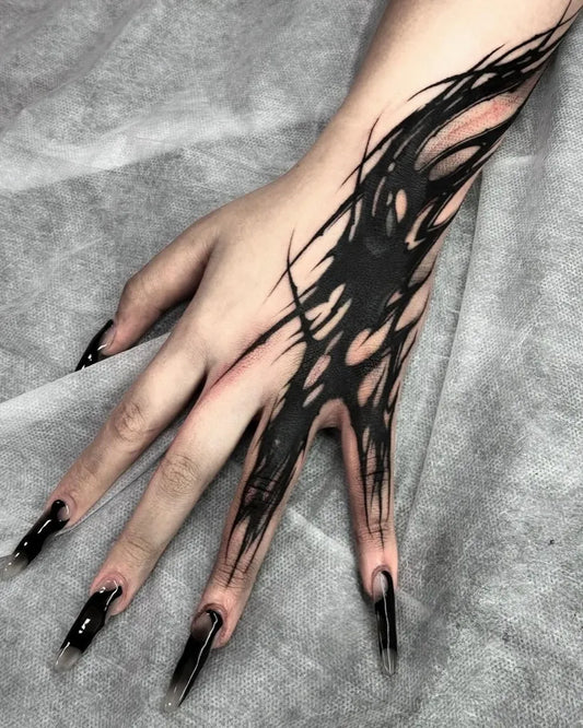 Medium Blackwork Veins Tattoo on Women Hand by @staydark._