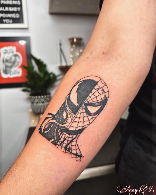 Medium Blackwork VenomSpiderMan on Women Arm Tattoo by @inkedbyannyy