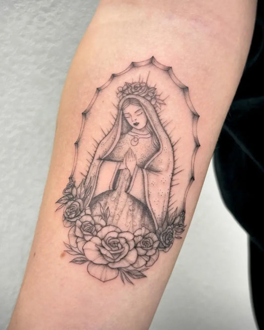 Medium Blackwork Virgin Mary Roses Tattoo on Women Arm by @zorniitsa
