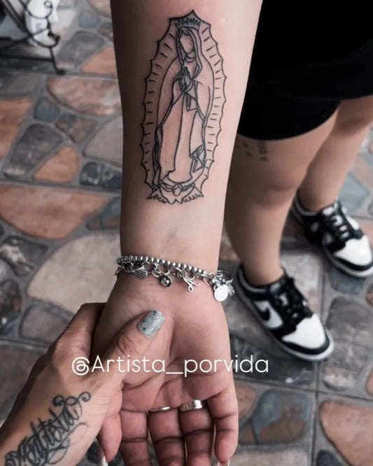 Medium Blackwork Virgin Mary Tattoo on Women Arm by @artista__porvida