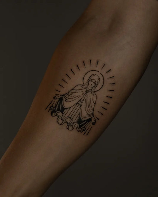 Medium Blackwork Virgin Mary Tattoo on Women Arm by @brak.ttt