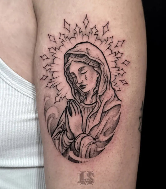 Medium Blackwork Virgin Mary Tattoo on Women Arm by @luke.skinwalker