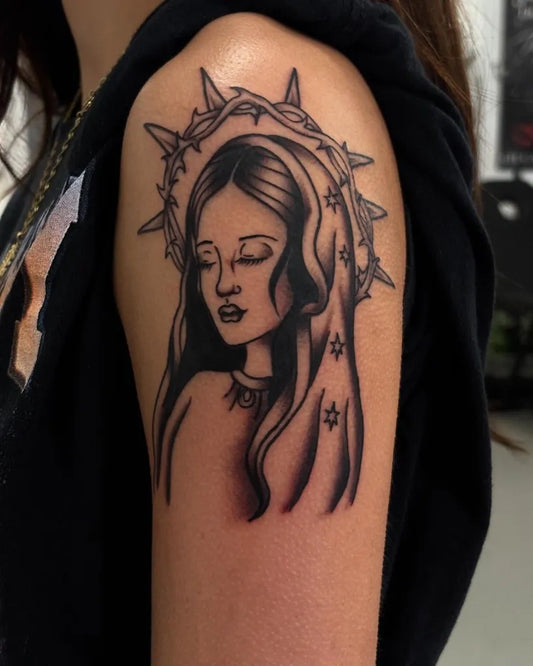 Medium Blackwork Virgin Mary Tattoo on Women Shoulder by @corazontatuajes