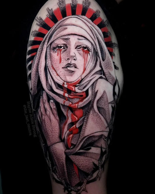 Medium Blackwork Virgin Mary Tattoo on Women Shoulder by @the_last_centra