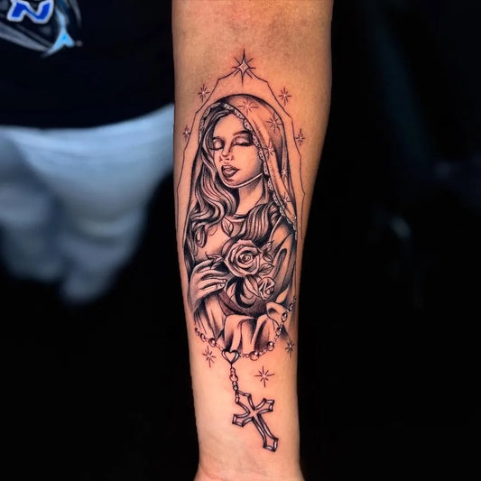 Medium Blackwork Virgin Mary with Roses and Rosary Tattoo on Women Arm by @suvratatts