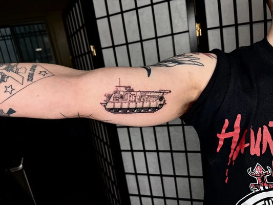 Medium Blackwork Warship Military Tattoo on Men Arm by @chonny562.tattoo