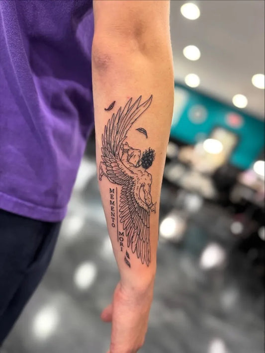 Medium Blackwork Wings Skull Memento Mori on Men Arm Tattoo by @chrispincustattoo