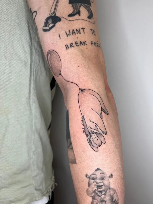 Medium Blackwork Winnie the Pooh and Shrek Cartoon Tattoo on Men Arm by @zizusdrawing