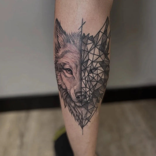 Medium Blackwork Wolf Geometric Face on Men Leg Tattoo by @luca_rosa_tattoo_artist