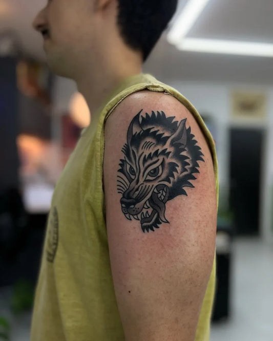 Medium Blackwork Wolf Head on Men Shoulder Tattoo by @francamurilo.ttt