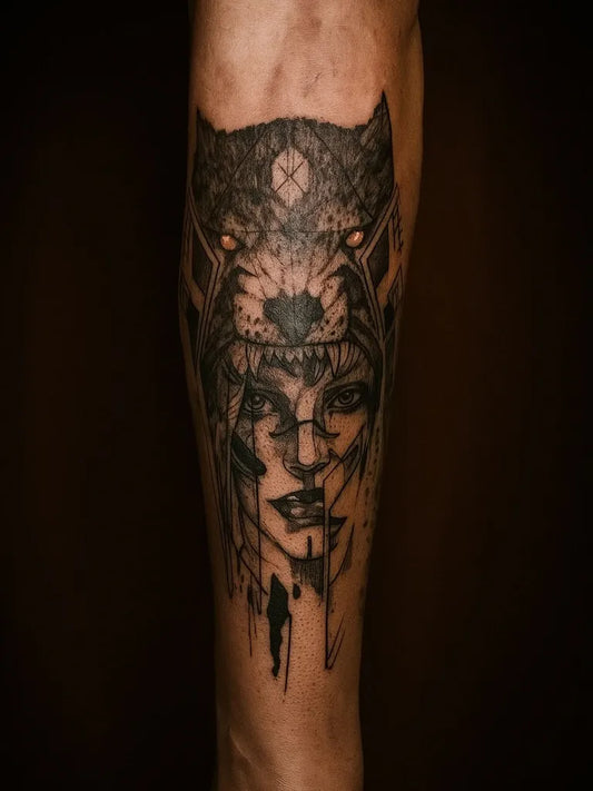 Medium Blackwork Wolf Woman on Women Thigh Tattoo by @serhatkalkantattoo