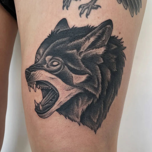 Medium Blackwork Wolf on Women Thigh Tattoo by @siarnthecatwitch