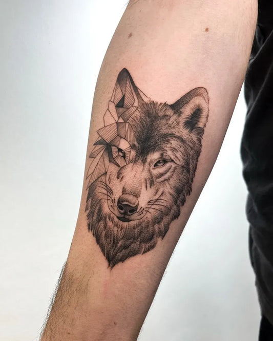 Medium Blackwork Wolf with Geometric Elements on Men Arm Tattoo by @happyinkparlor