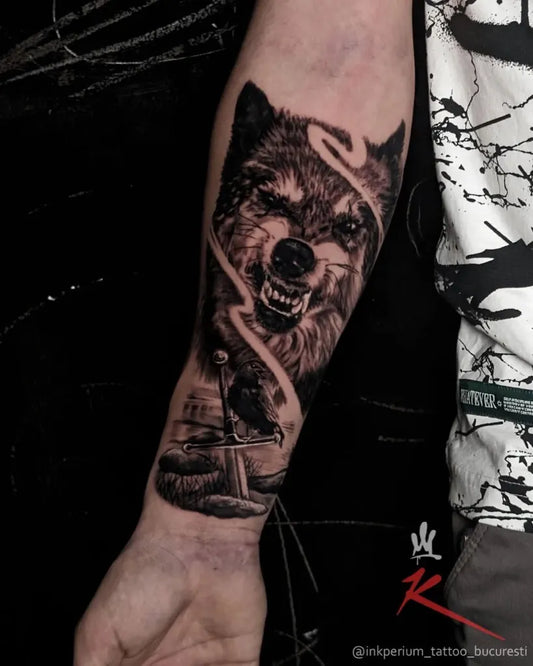 Medium Blackwork Wolf with Sword on Men Arm Tattoo by @inkperium_tattoo_bucuresti