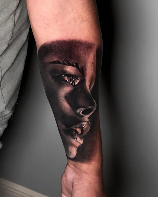 Medium Blackwork Womans Face on Men Arm Tattoo by @saratattoo1